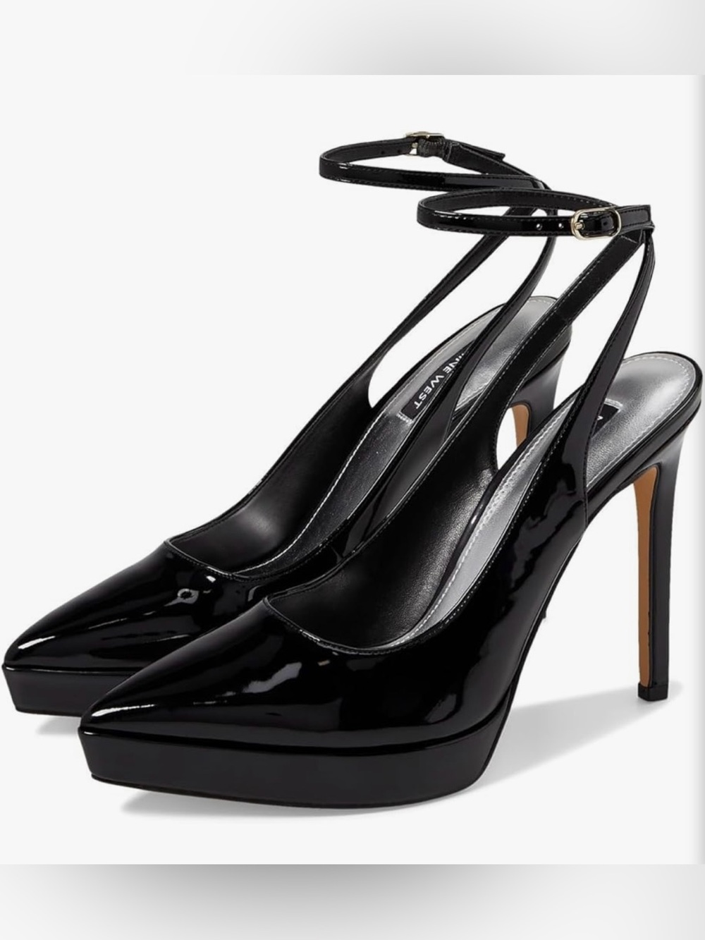Nine West Black Patent Point Toe Ankle Strap Platform Stiletto Heels Size 6